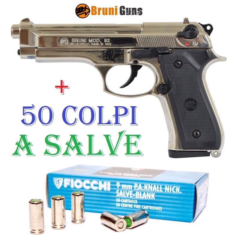 Scacciacani bruni 92 nickel - pistola a salve top firing in calibro 9 mm con valigetta - arma da segnalazione acustica e da collezione con 50 colpi a salve - replica smontabile della beretta 92 cromata marca bruni guns.